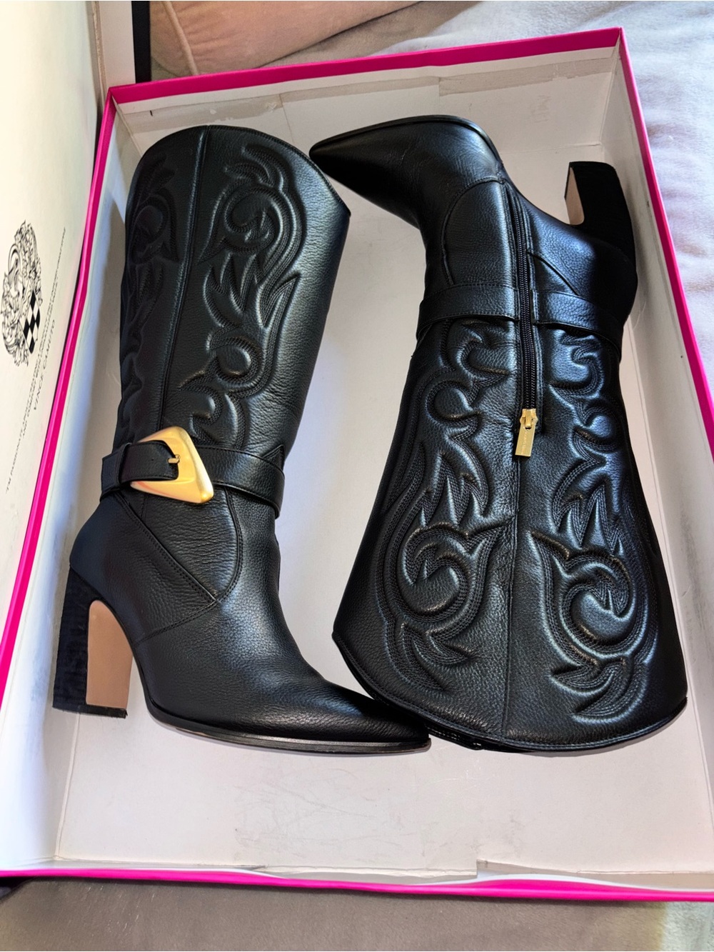 Vince Camuto Black Embossed Western Knee Boots with Gold Buckle